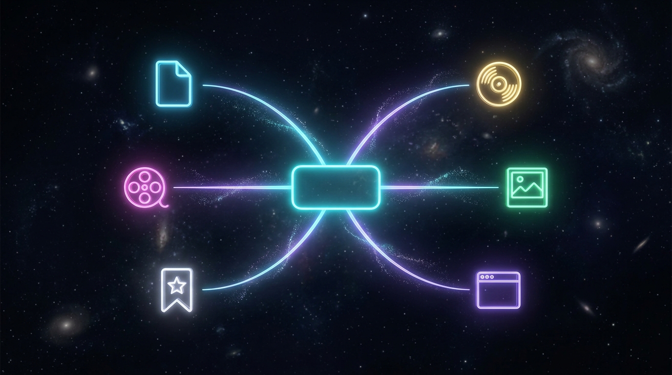 Marvex Studio launchpad — every mind-map element linking to local files, documents, music, video, images and browser bookmarks