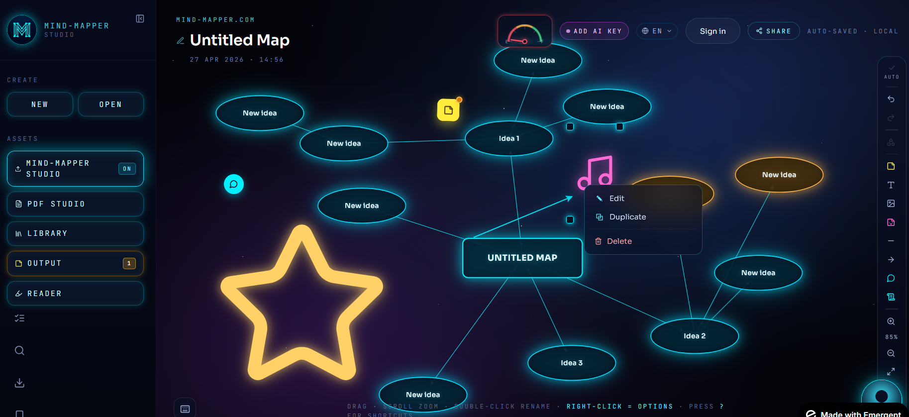 Marvex Studio interactive canvas — drag-and-drop map elements, free-floating shapes, lines, clipart and images on a dark cosmic mind map