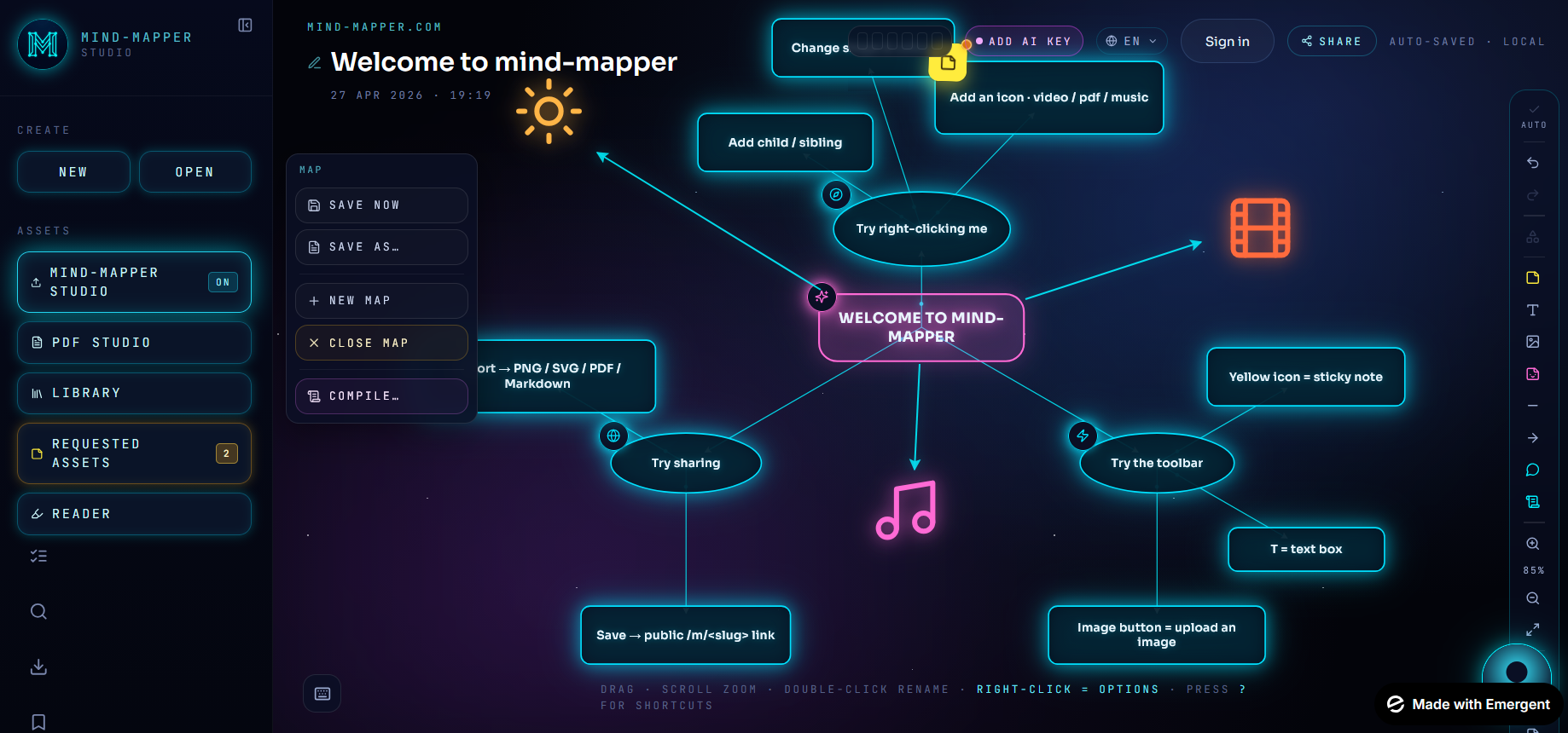Marvex Studio onboarding tour — interactive walkthrough teaching mind-map shortcuts, right-click menus and AI workflow