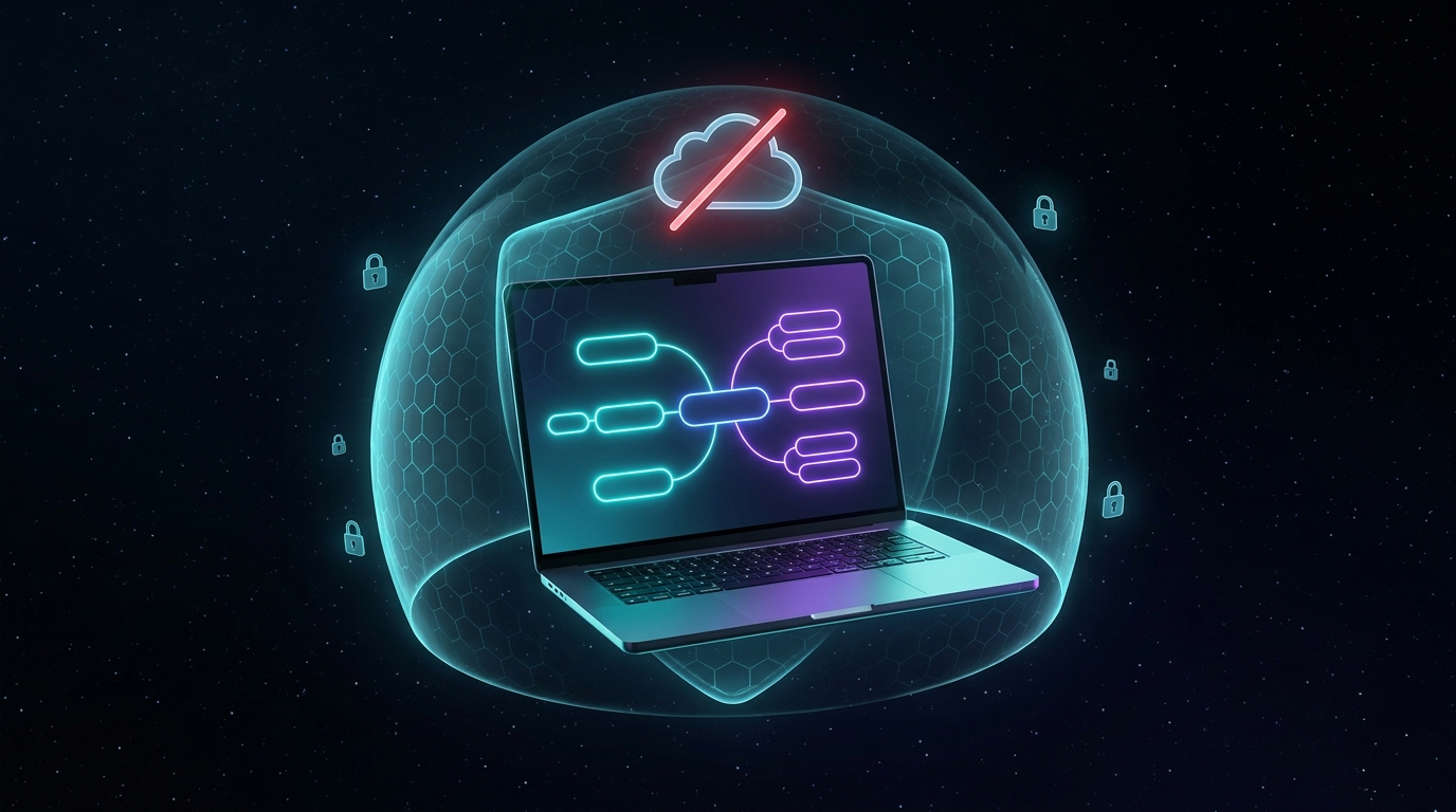 Marvex Studio local-first privacy — mind maps stored in the browser, no accounts required, no telemetry, no silent cloud uploads